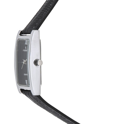 Womens 36x18mm Black Dial Watch with Glossy Black Leather Strap