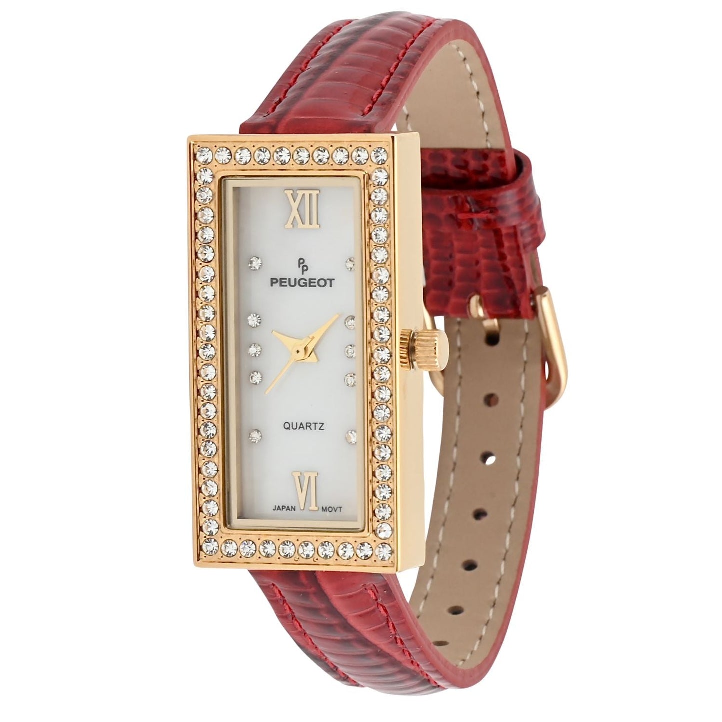 Women's 35x20mm Crystal Bezel Watch with Glossy Red Leather Strap