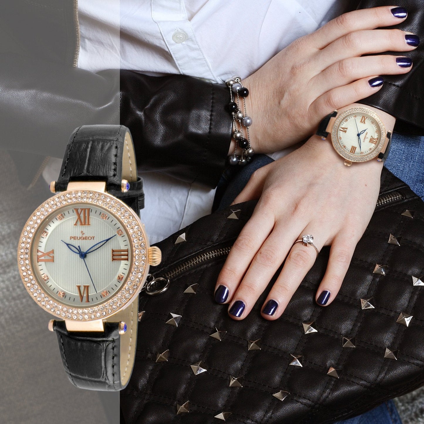 Women's 38mm Black Watch Crystal Bezel Leather Strap