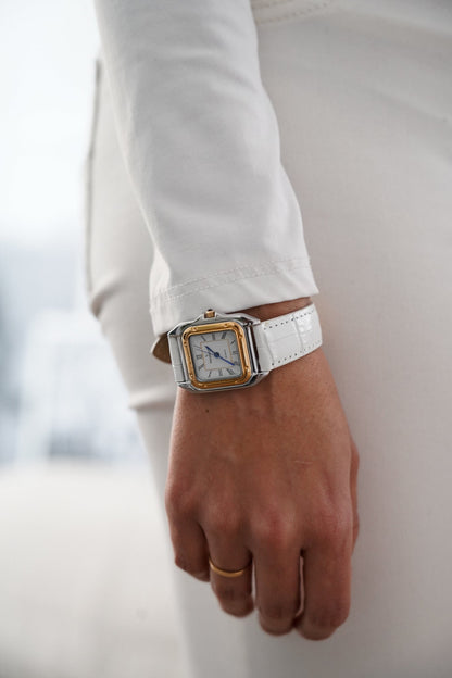 Women's Watch 36mm Square Tank Shape White Leather Strap Watch