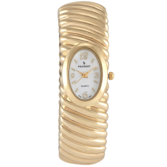 Women¡¯s 14K Gold Plated Oval Dial Cuff Bangle Watch with Textured Bracelet