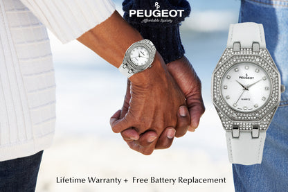 Women's 37mm White Watch with Crystal Bezel Leather Band