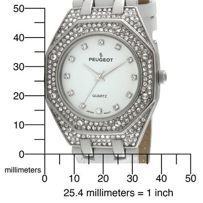 Women's 37mm White Watch with Crystal Bezel Leather Band